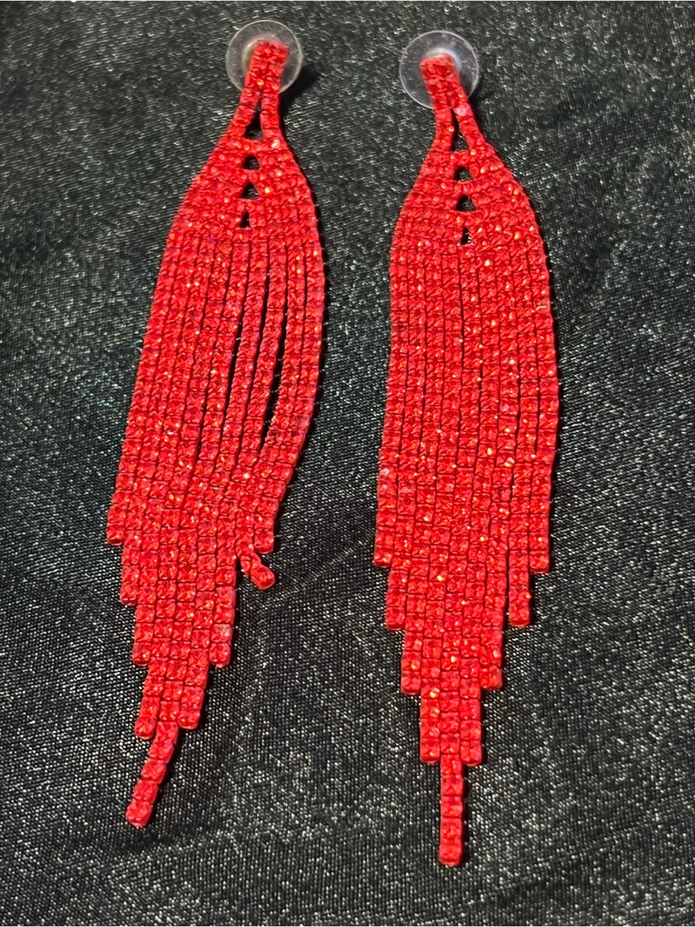 Red Rhinestone Fringe Pageant Earrings 4” Long Statement Prom Formal